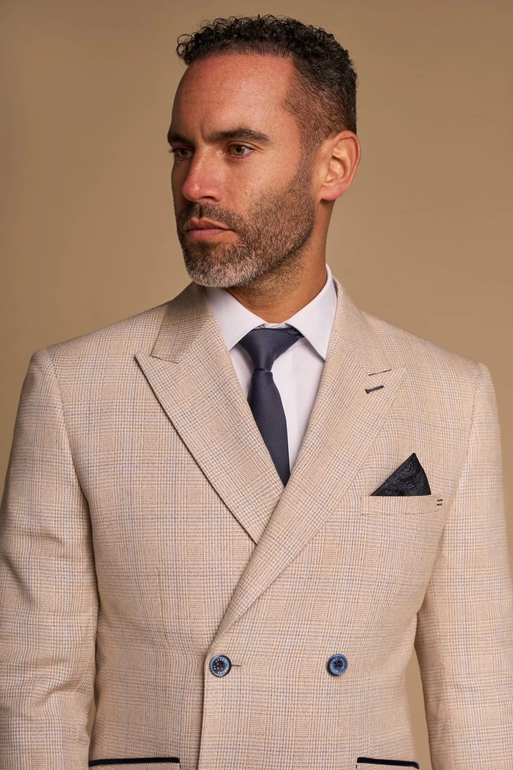 Men's Glen Check Double-breasted Suit Jacket - CARIDI - Beige - Image 4