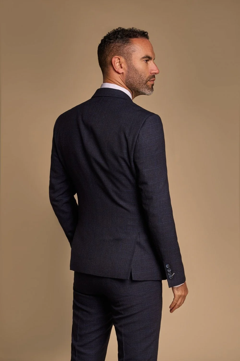 Men's Glen Check Double-breasted Suit Jacket - CARIDI - Navy Blue - Image 3