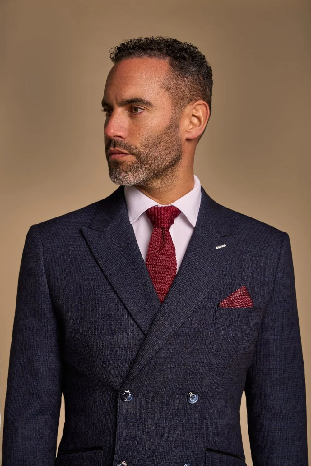 Men's Glen Check Double-breasted Suit Jacket - CARIDI - Navy Blue - Image 4