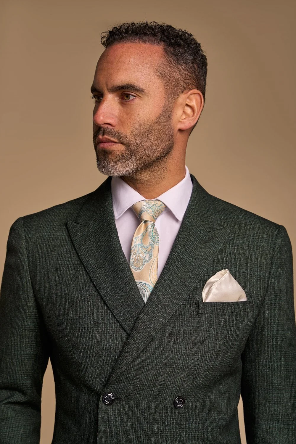 Men's Glen Check Double-breasted Suit Jacket - CARIDI - Olive Green - Image 4
