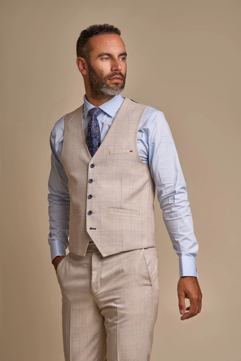 Men's 3-Piece Tweed Glen Check Suit - CARIDI - Beige - Image 5