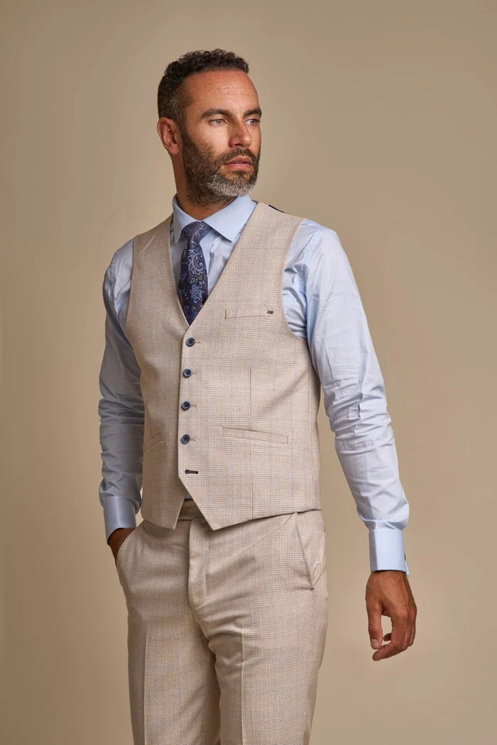 Men's Tweed Glen Check Slim Fit Suit - CARIDI Trousers Length Option - Cream - Ivory - Image 4