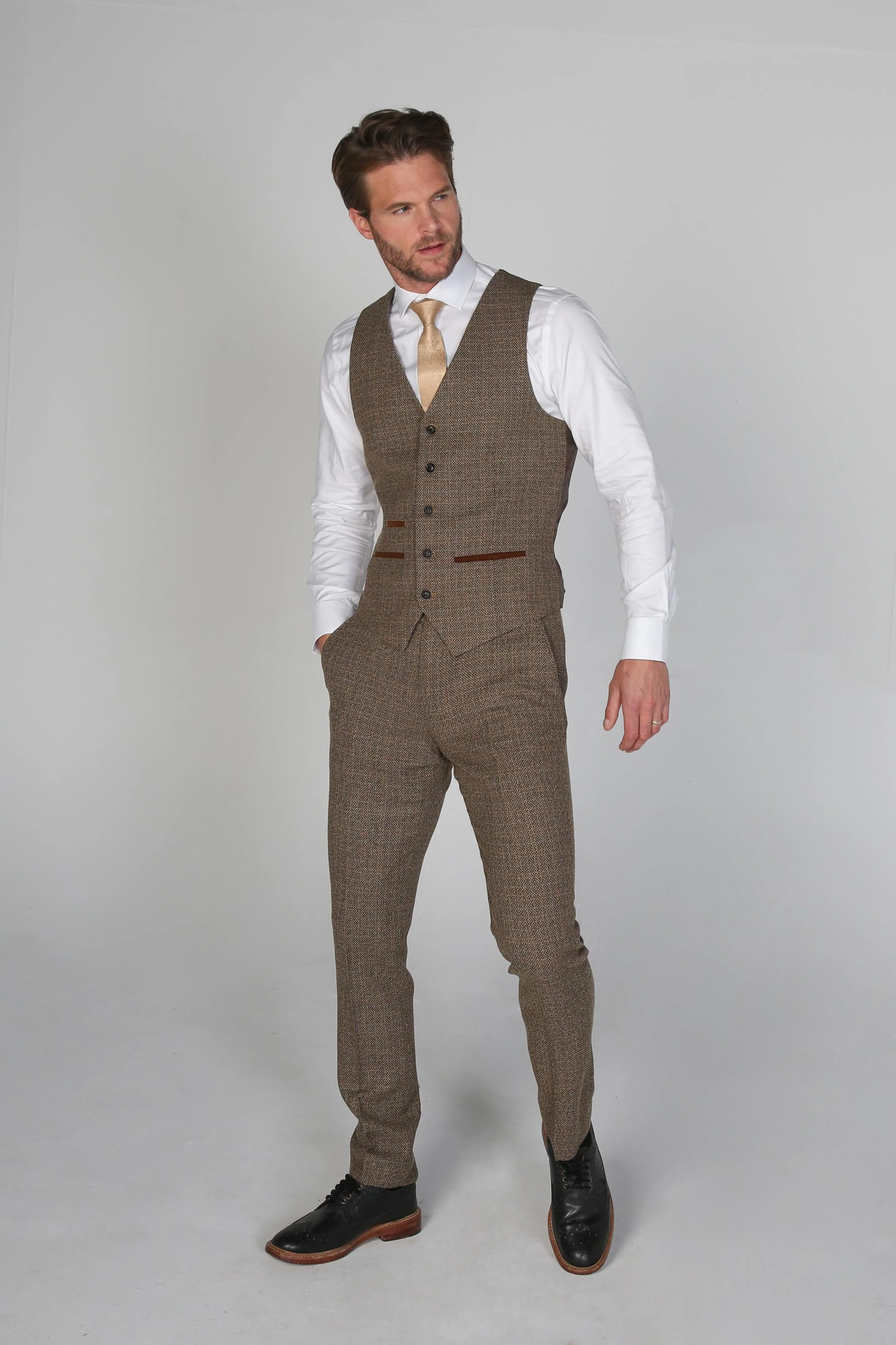 Men's Tweed-Like Tailored Fit  Formal Suit - RALPH - Brown - Image 5