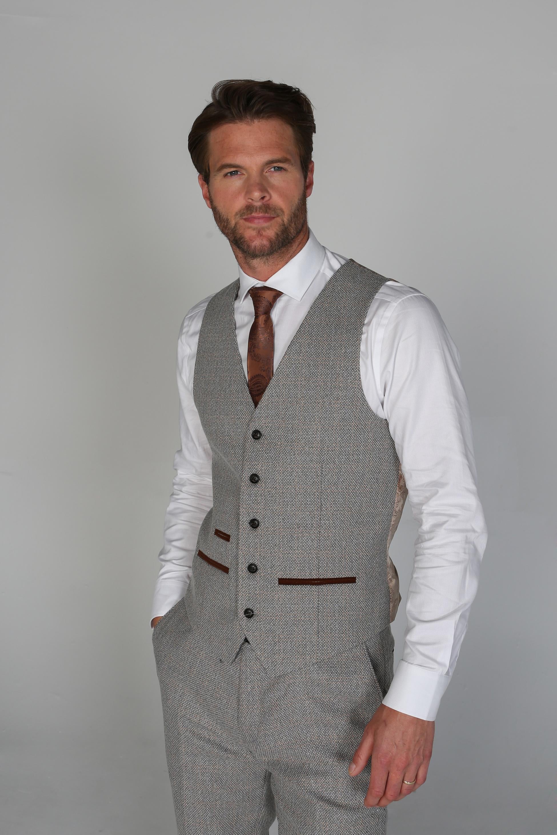 Men's Tweed-Like Tailored Fit  Formal Suit - RALPH - Cream - Image 5