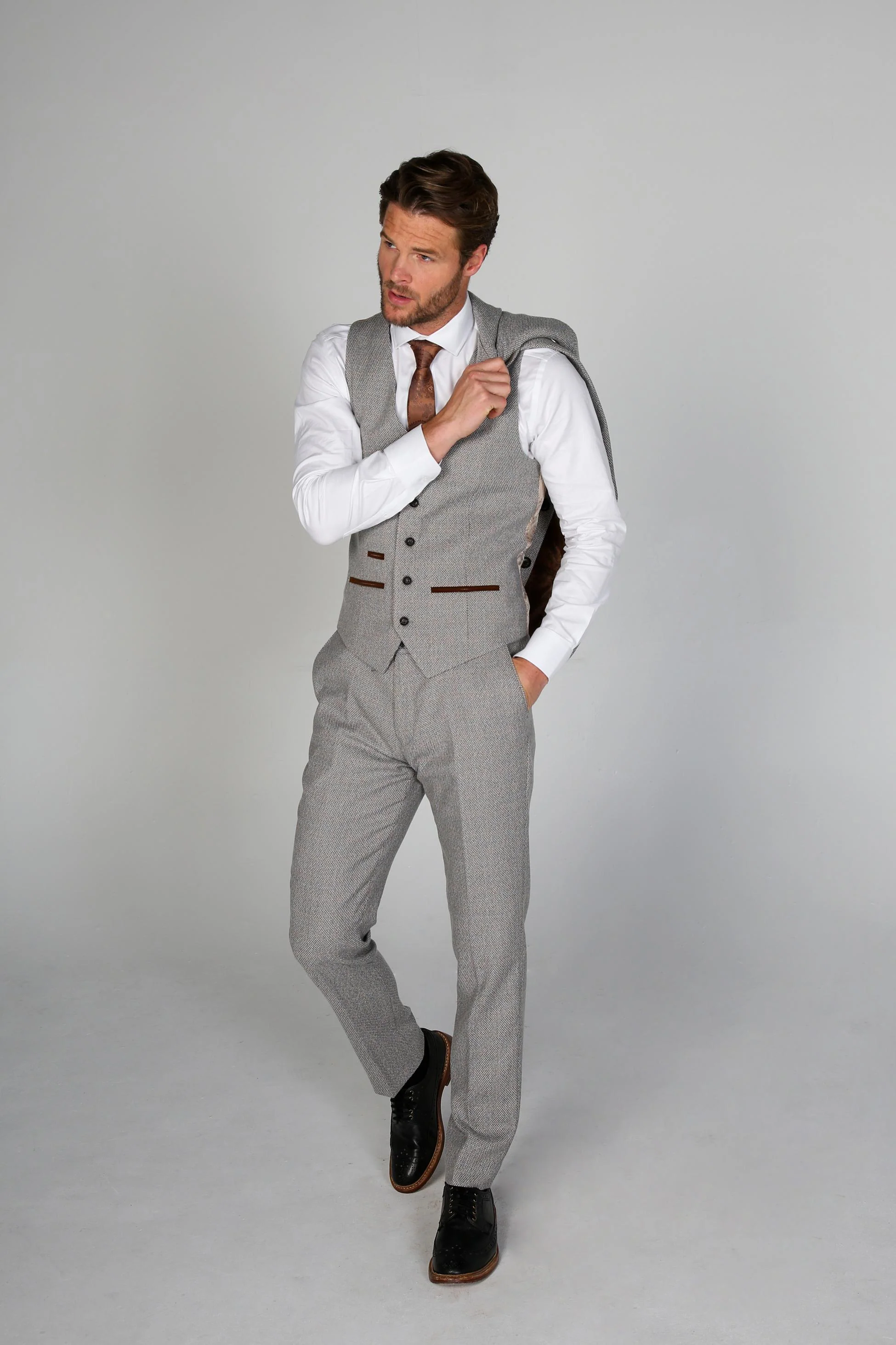 Men's Tweed-Like Tailored Fit  Formal Suit - RALPH - Cream - Image 6