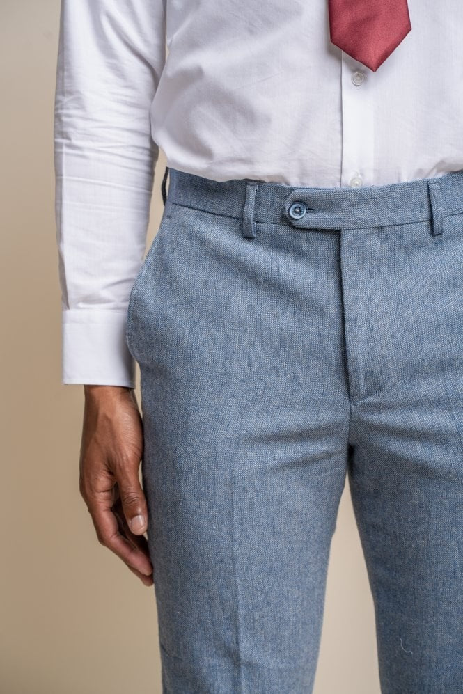 Men's Tweed Slim Fit Trousers- WELLS Blue - Light Blue - Image 3