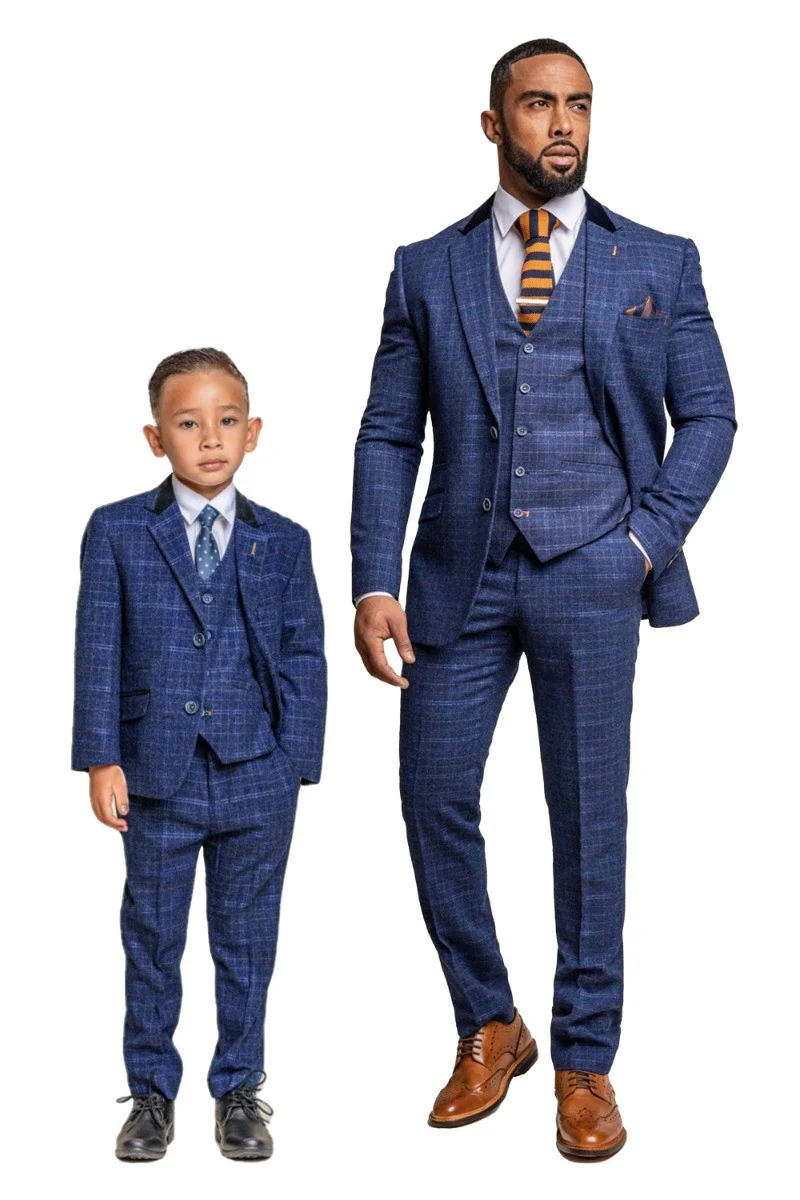 Men's Tweed Check Navy Slim Fit Suit - KAISER - Navy Blue - Image 9