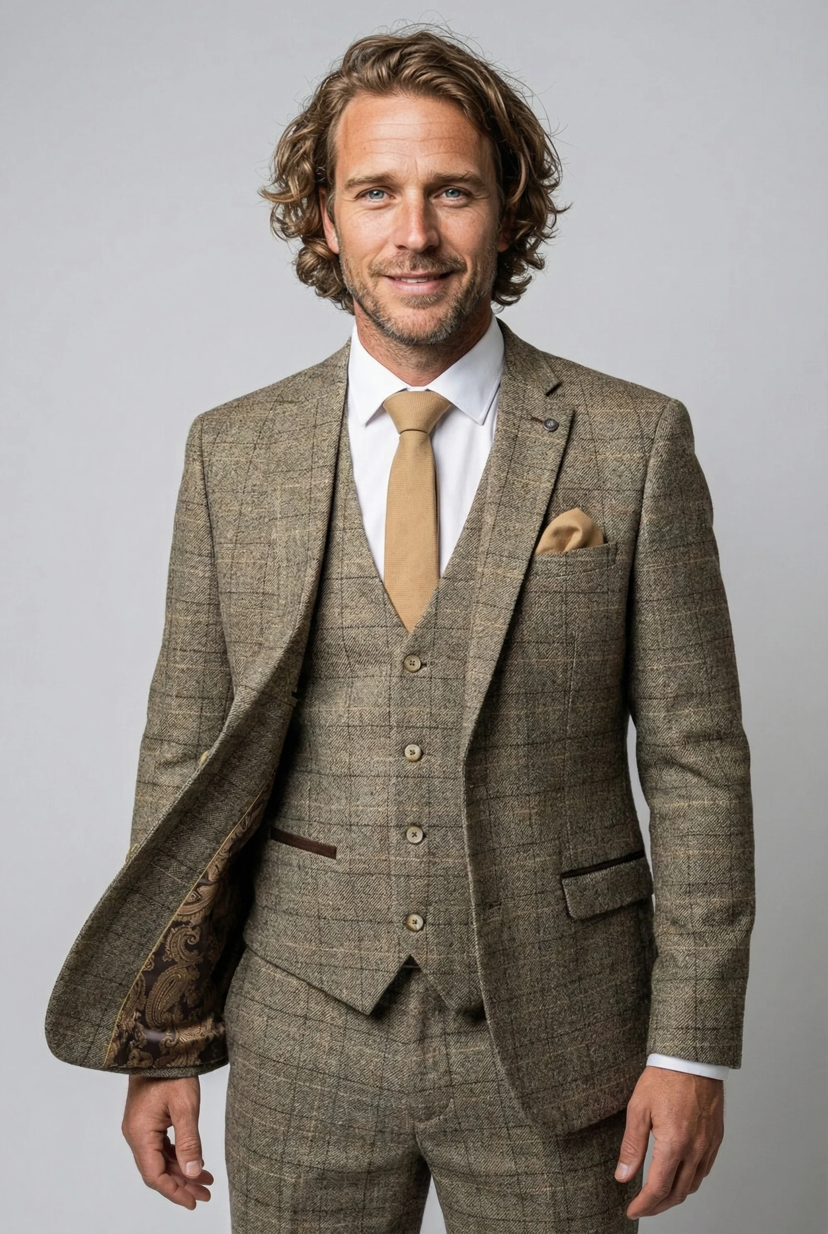 Men's Tweed Windowpane Check Suit - LIAM Beige - Beige - Image 3