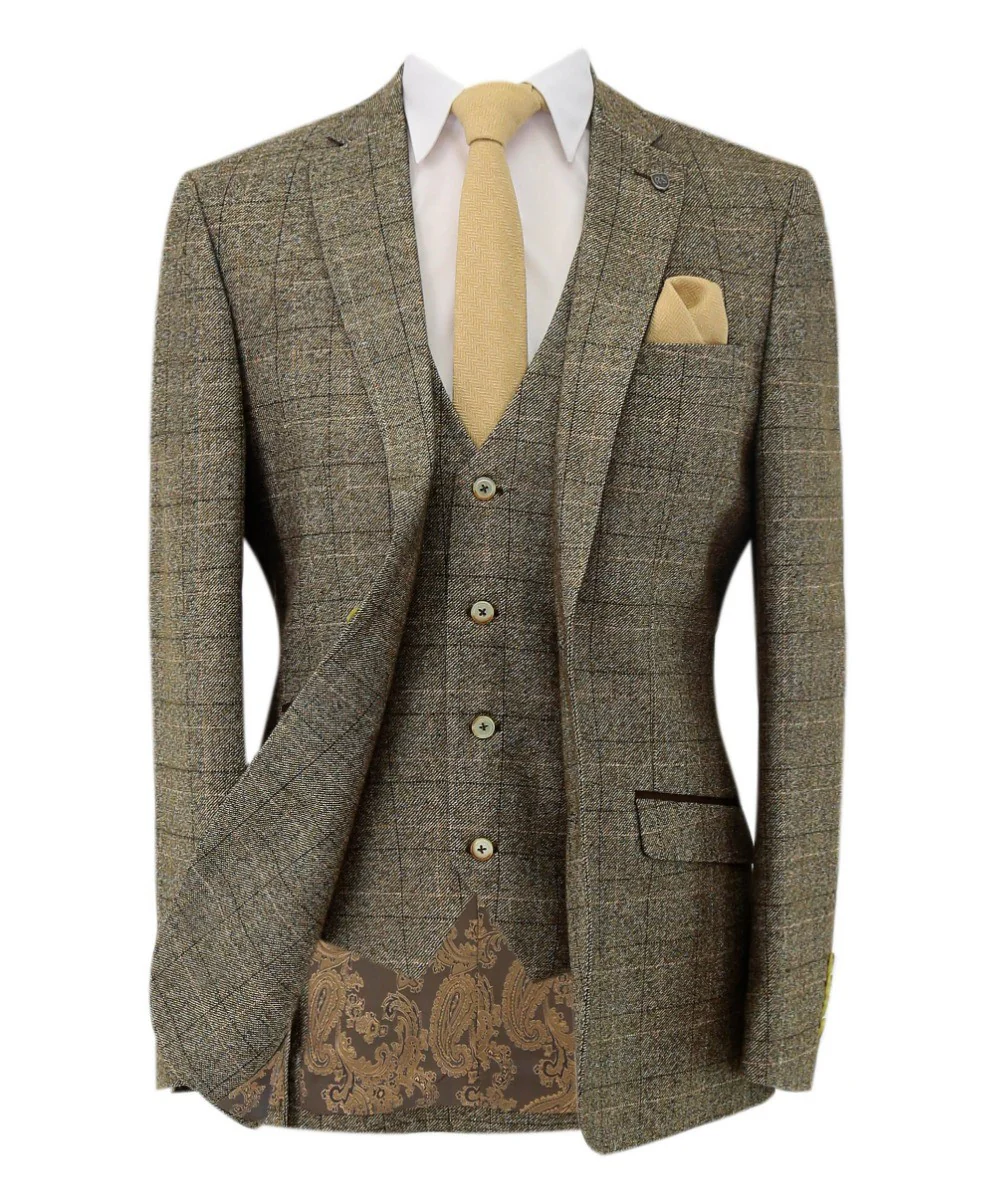 Men's Tweed Windowpane Check Suit - LIAM Beige - Beige - Image 5
