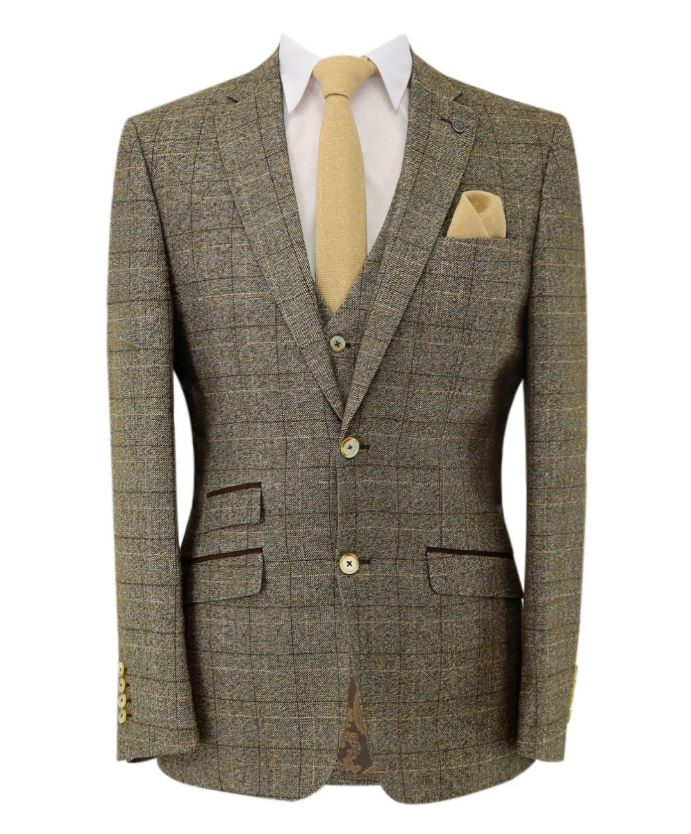 Men's Tweed Windowpane Check Suit - LIAM Beige - Beige - Image 6