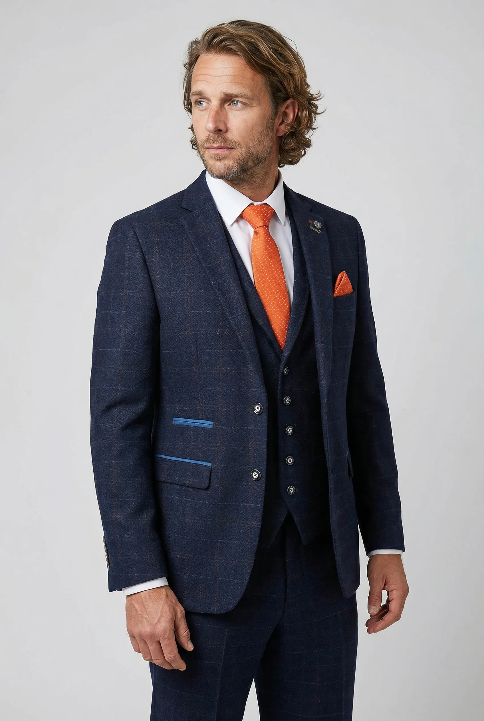 Men's Tweed Windowpane Tailored Fit Navy Suit - RYAN - Navy Blue - Image 3