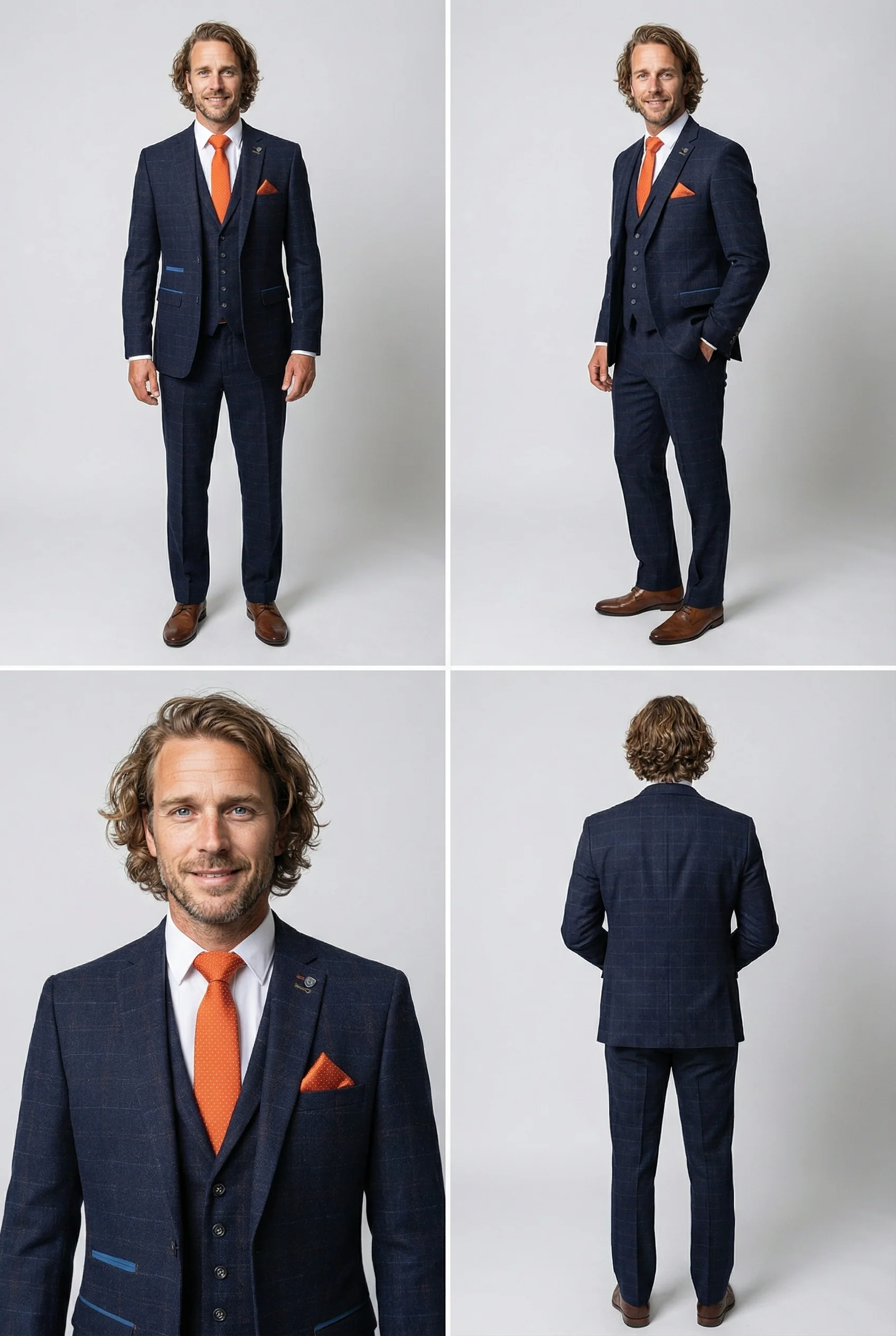 Men's Tweed Windowpane Tailored Fit Navy Suit - RYAN - Navy Blue - Image 4