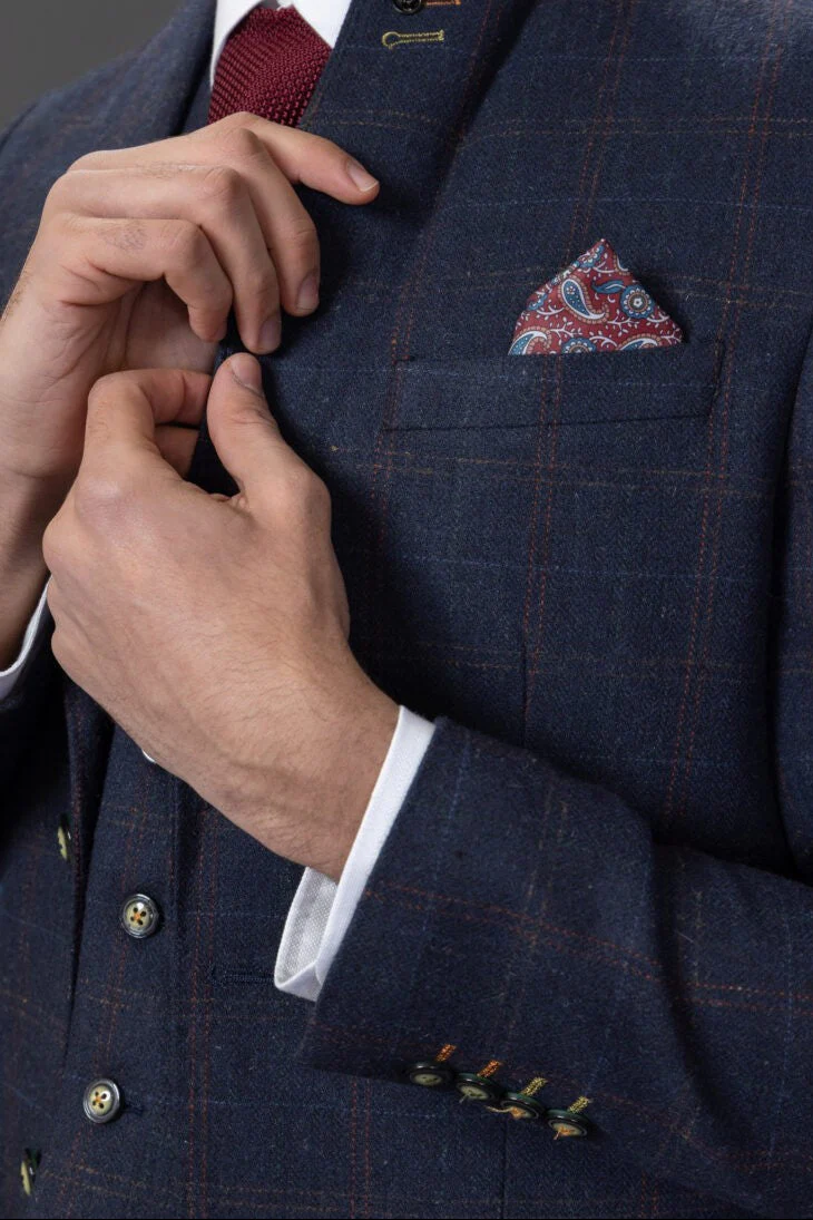 Men's Tweed Windowpane Tailored Fit Navy Suit - RYAN - Navy Blue - Image 5
