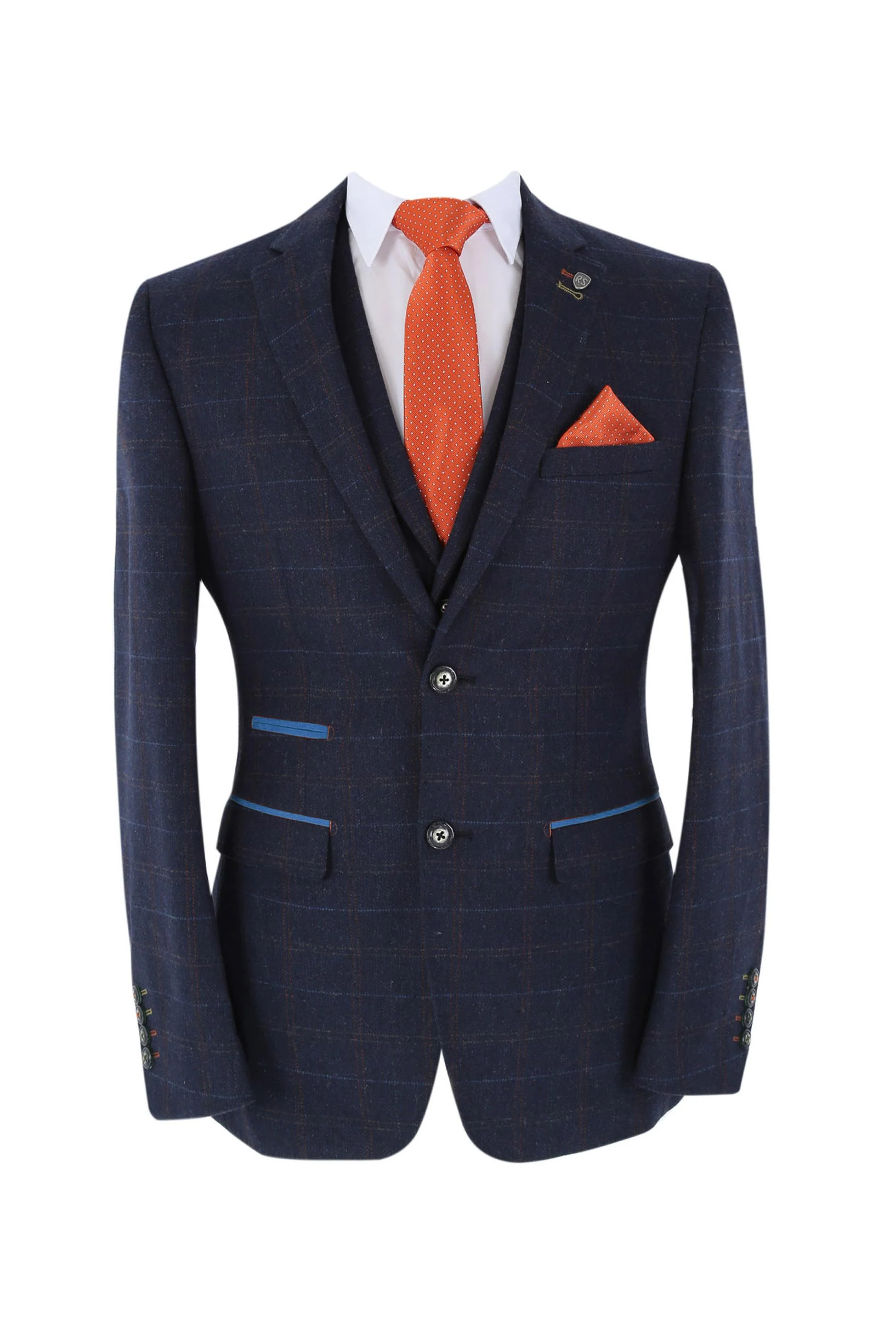 Men's Tweed Windowpane Tailored Fit Navy Suit - RYAN - Navy Blue - Image 6