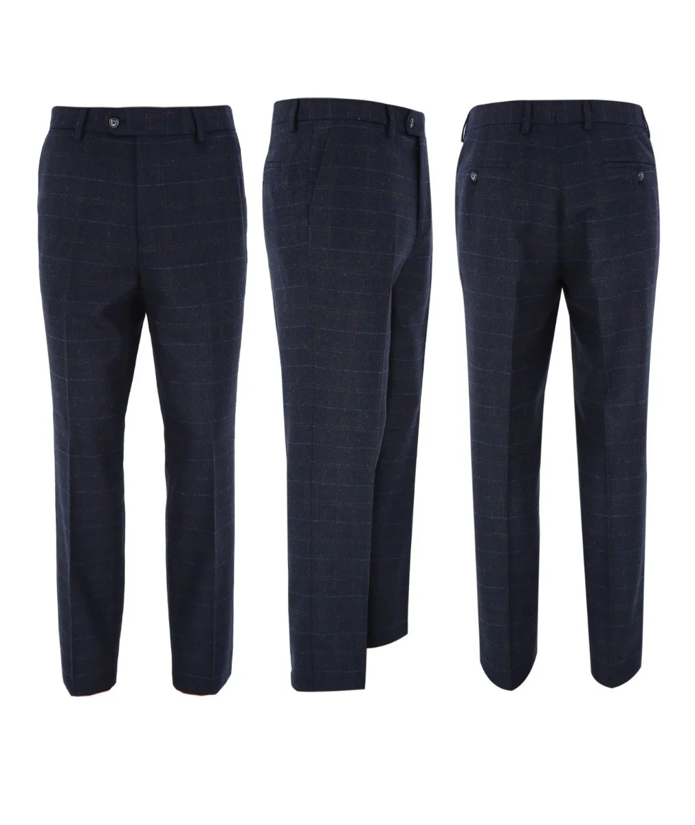 Men's Tweed Windowpane Tailored Fit Navy Suit - RYAN - Navy Blue - Image 7
