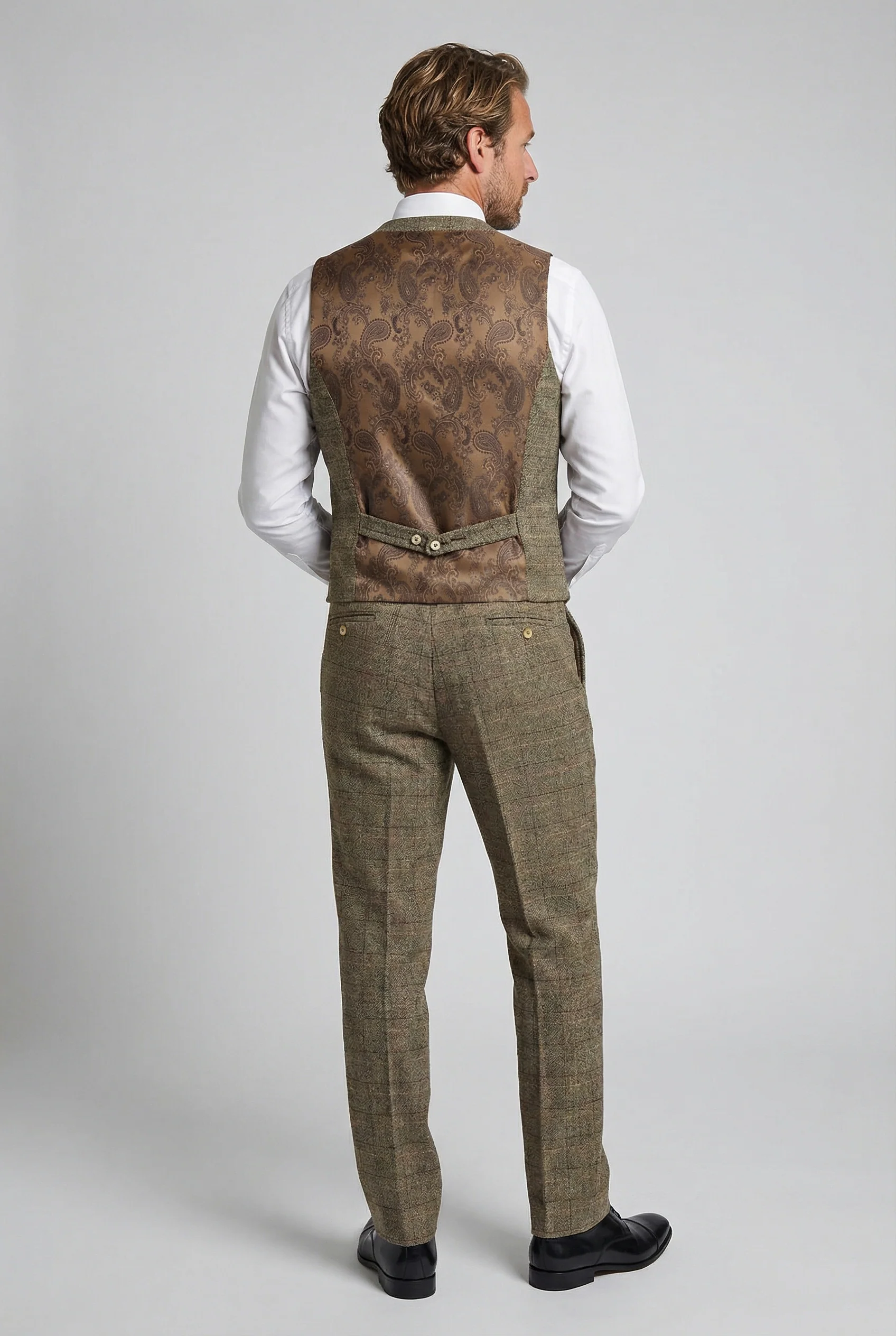 Men's Tweed Windowpane Check Waistcoat - LIAM Beige - Beige - Image 3