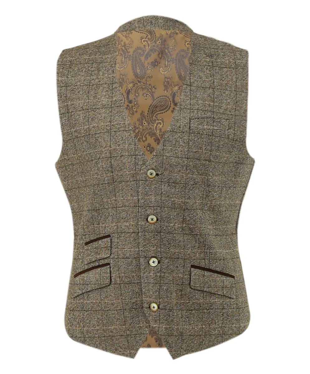 Men's Tweed Windowpane Check Waistcoat - LIAM Beige - Beige - Image 6