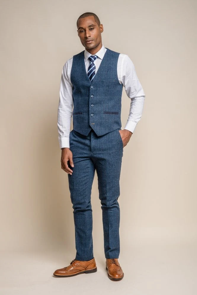 Men's Slim Fit Herringbone Tweed Blue Suit - CARNEGI - Navy Blue - Image 4