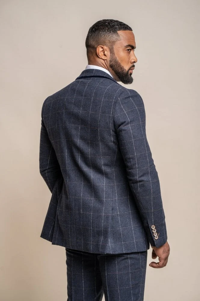 Men's Windowpane Check Wool Navy Blue Suit Jacket - ANGELS - Navy Blue - Image 3
