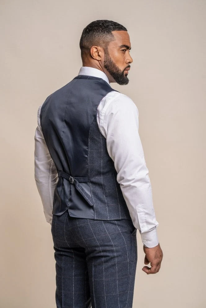 Men's Windowpane Check Wool Navy Blue Waistcoat - ANGELS - Navy Blue - Image 3