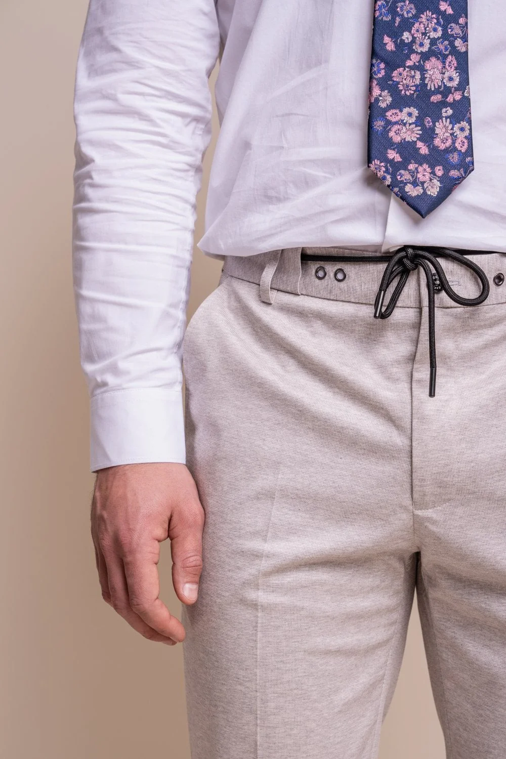 Men's Slim Fit Formal Beige Trousers - VALENCIA Ecru - Beige Cream - Image 3