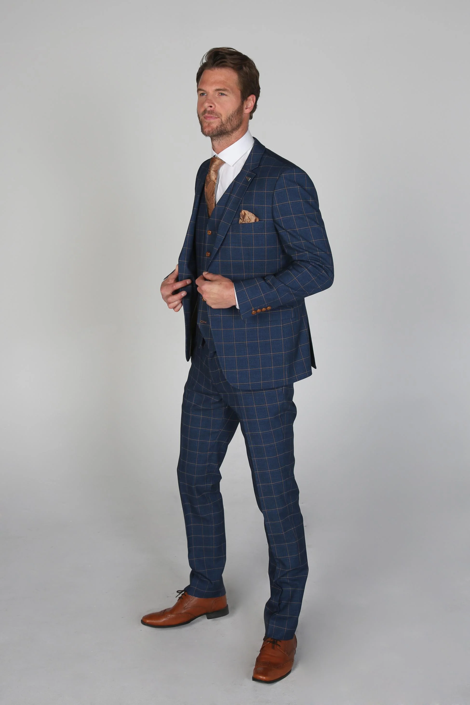 Men's Tailored Fit Windowpane Check Suit - Cornflower Blue - Image 3