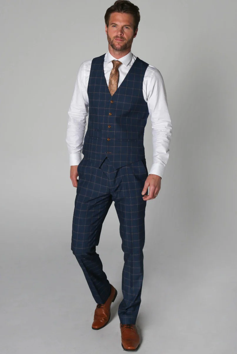 Men's Tailored Fit Windowpane Check Suit - Cornflower Blue - Image 6