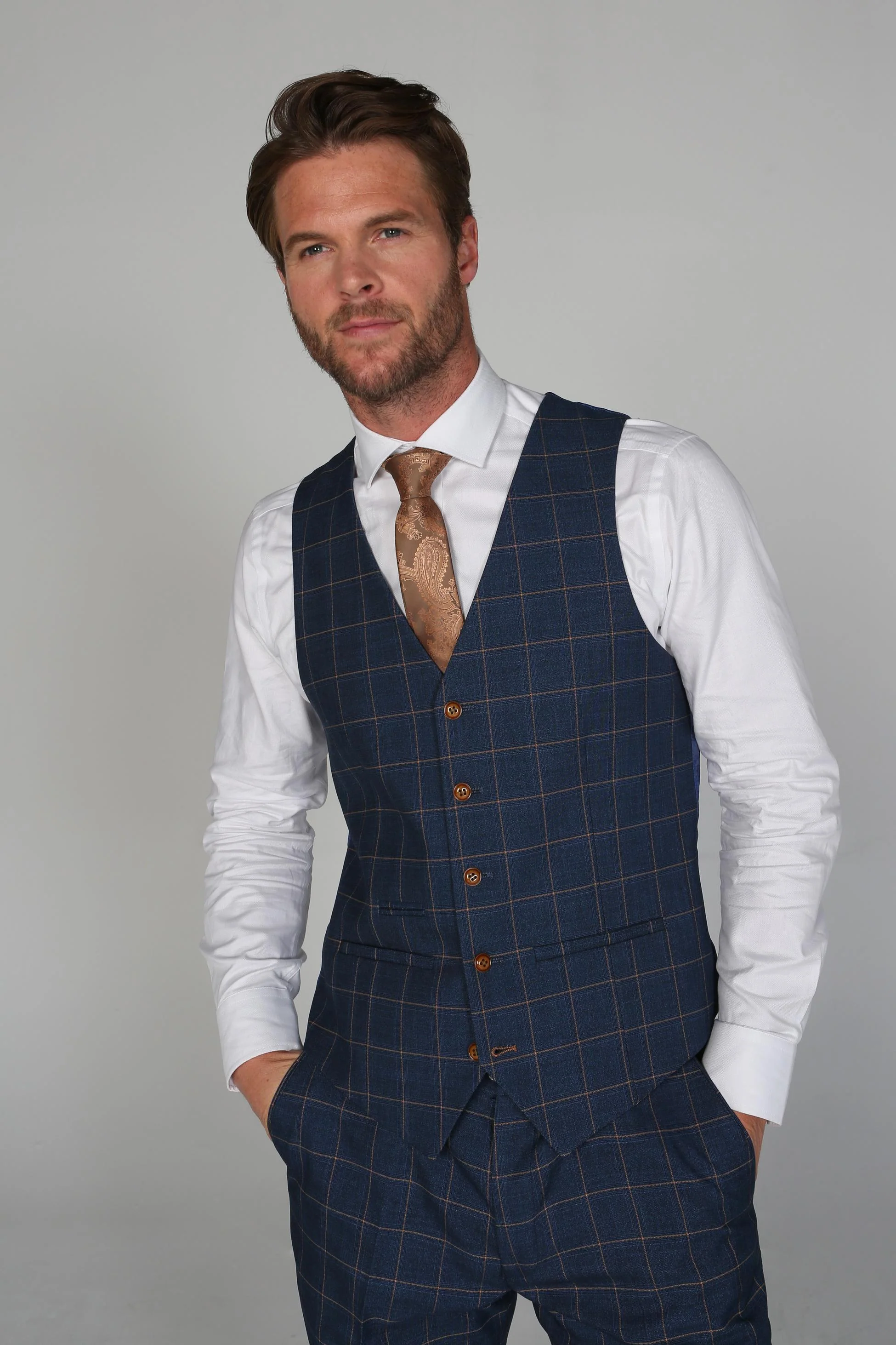 Men's Tailored Fit Windowpane Check Suit - Cornflower Blue - Image 7