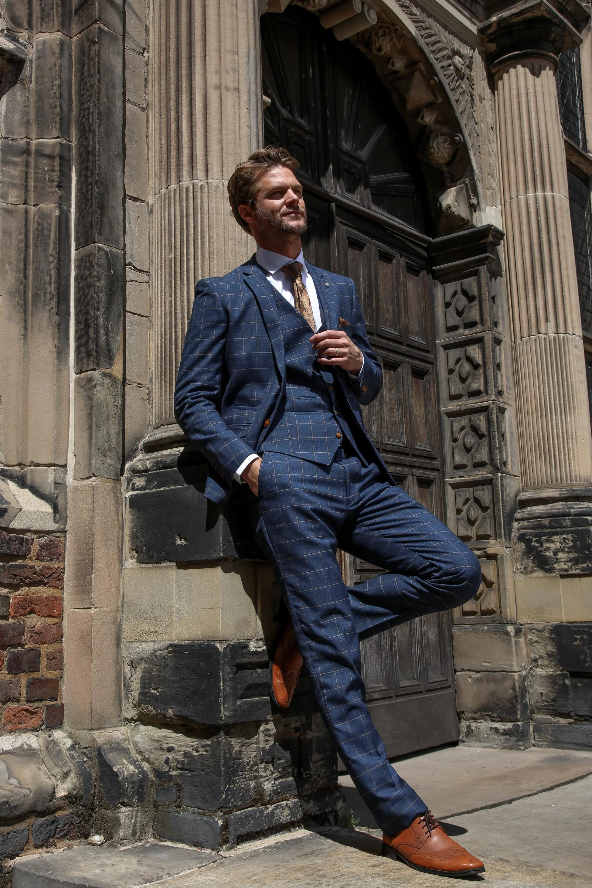 Men's Tailored Fit Windowpane Check Suit - Cornflower Blue - Image 9