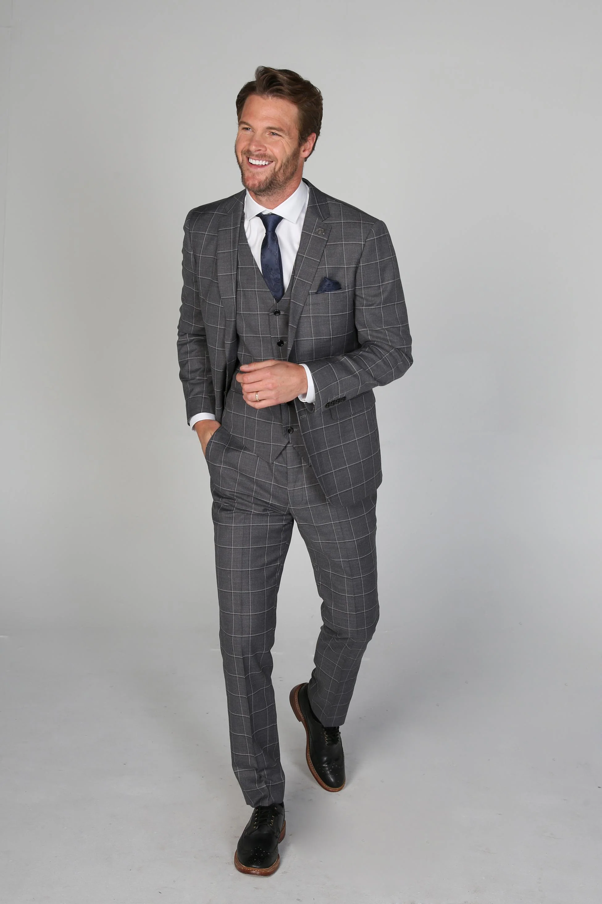 Men's Windowpane Check Tailored Fit Formal Suit - HOBBS - Grey - Image 3