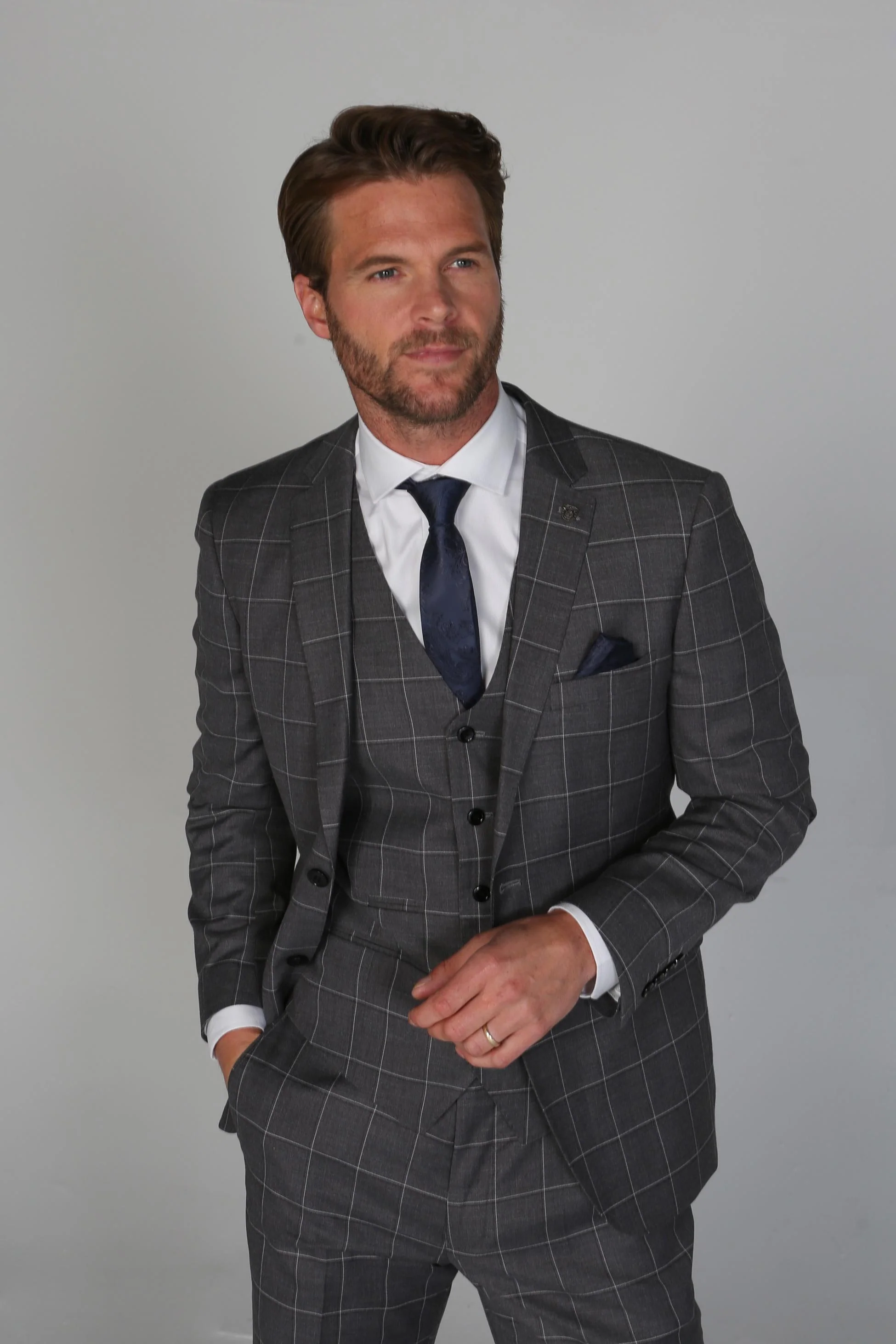 Men's Windowpane Check Tailored Fit Formal Suit - HOBBS - Grey - Image 4
