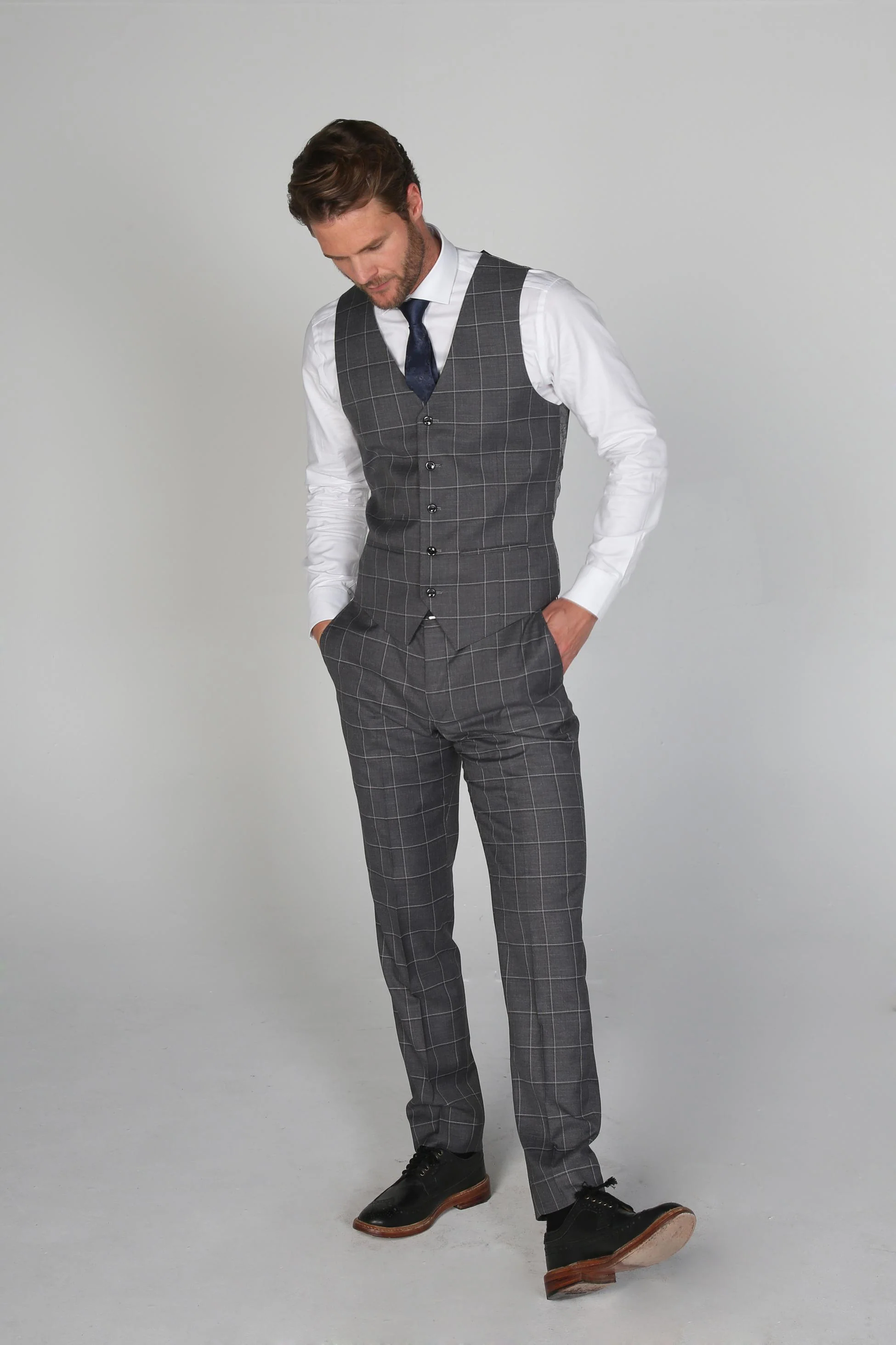 Men's Windowpane Check Tailored Fit Formal Suit - HOBBS - Grey - Image 6