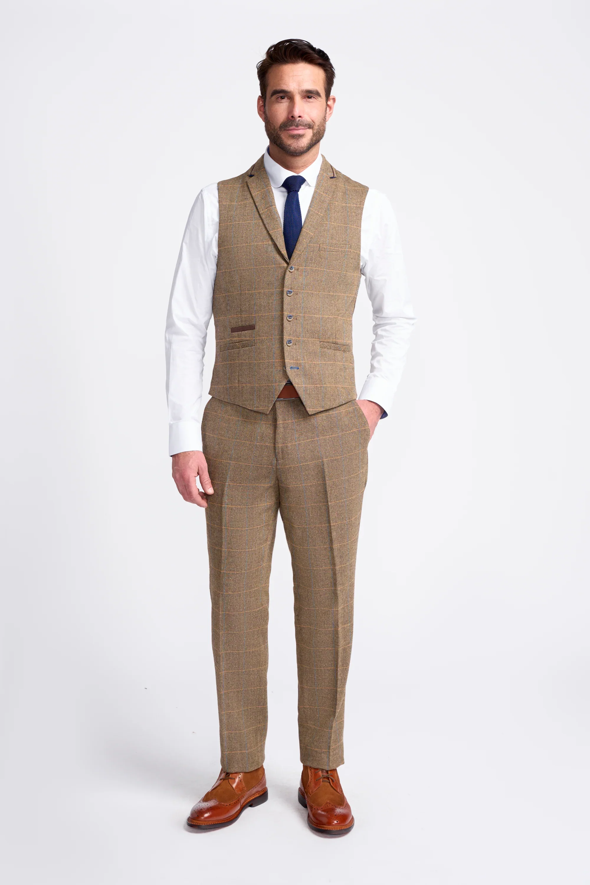 Men's Wool Blend Herringbone Check Suit - Albert - Brown - Image 6