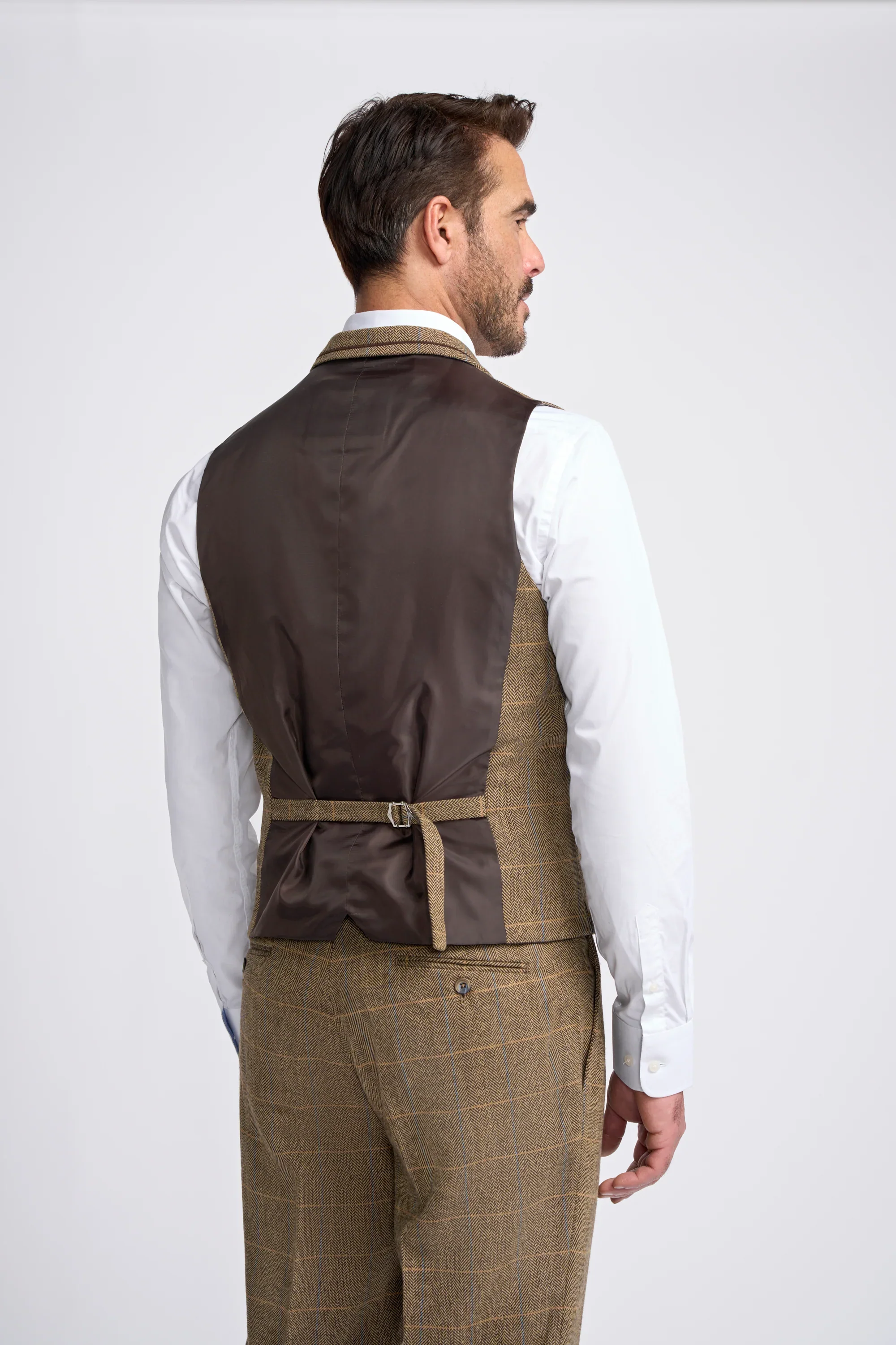 Men's Wool Blend Herringbone Check Suit - Albert - Brown - Image 7