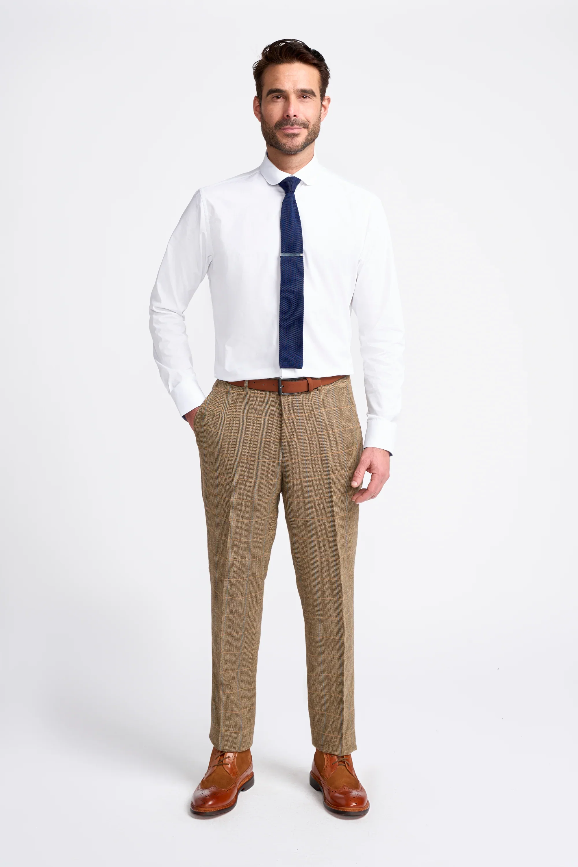 Men's Wool Blend Herringbone Check Suit - Albert - Brown - Image 9