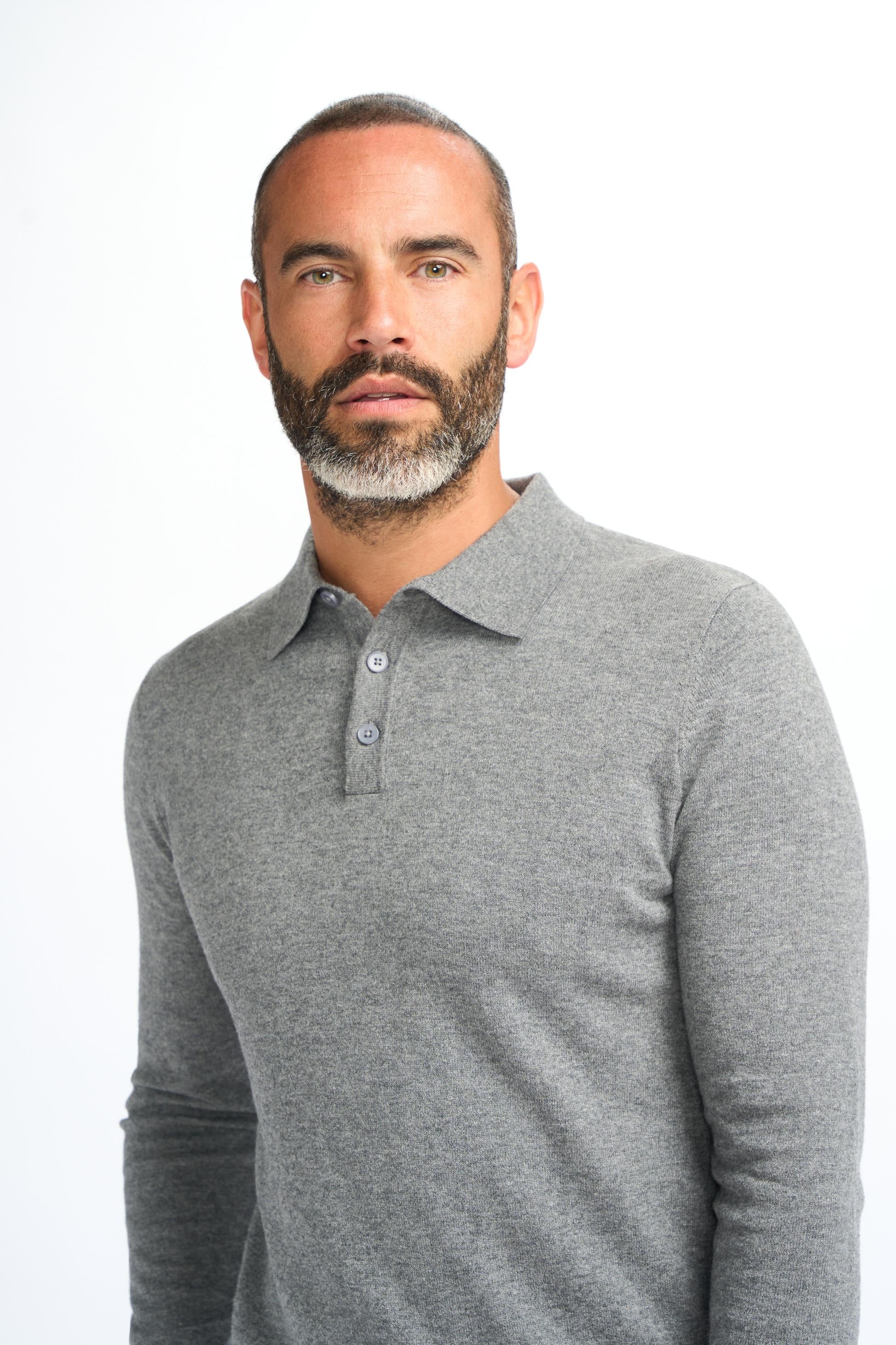 Men’s Wool Knit Long Sleeve Polo Shirt - Boom - Grey - Image 5