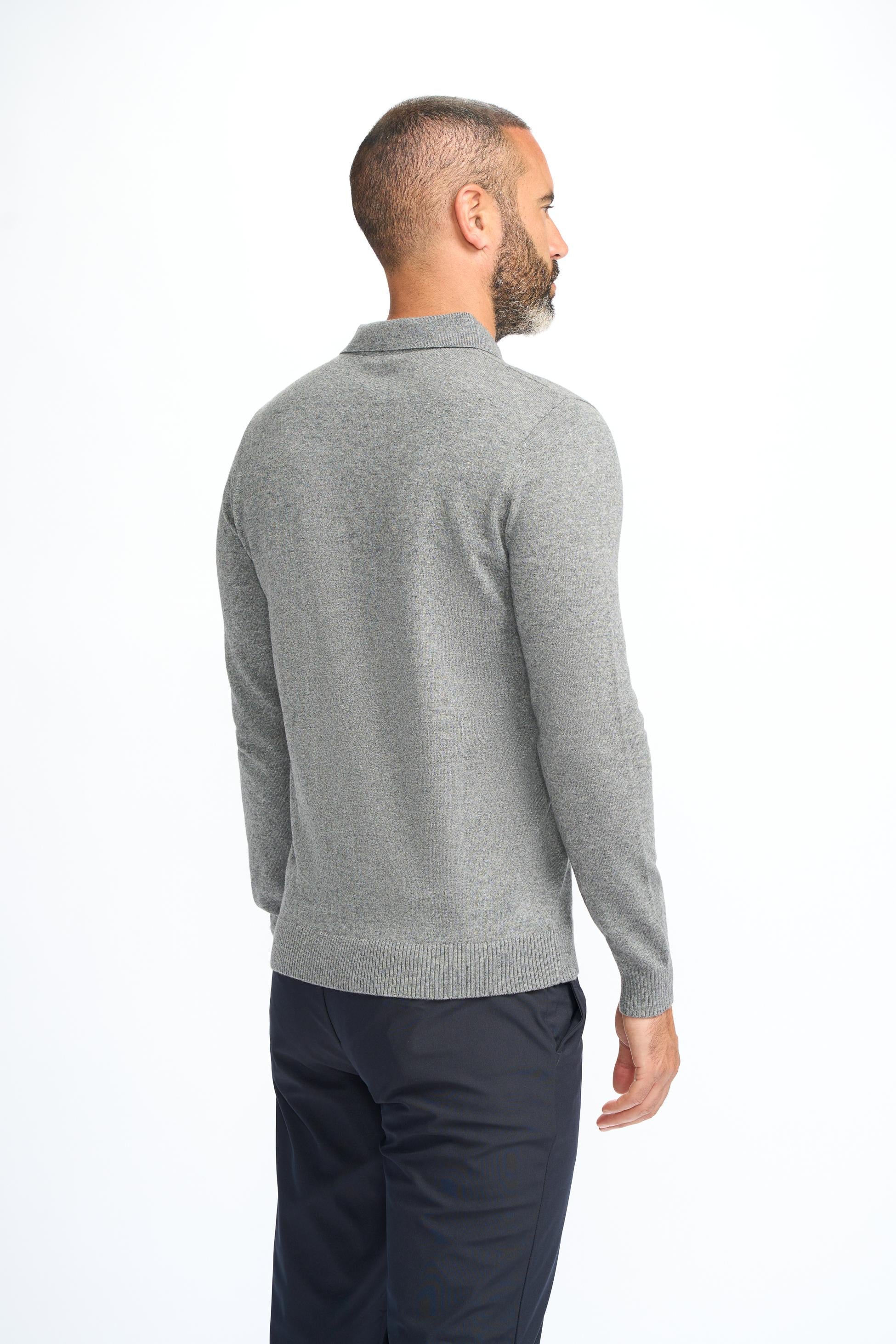 Men’s Wool Knit Long Sleeve Polo Shirt - Boom - Grey - Image 7