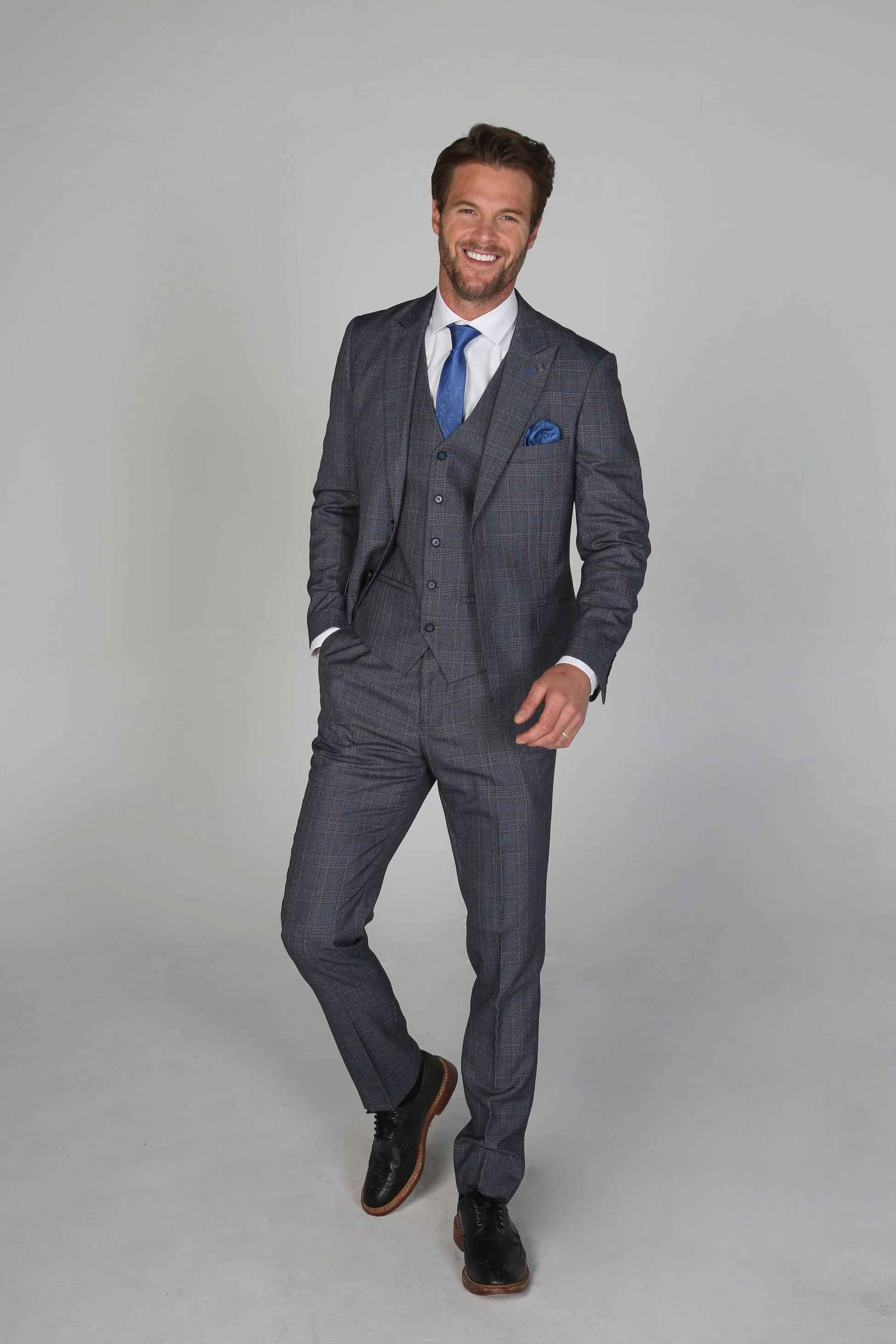 Men's Check Textured Tailored Fit Formal Suit - HENRY - Grey - Blue - Image 3