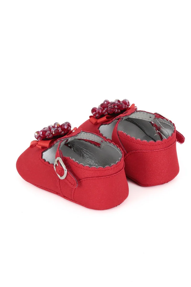 Baby Girls Pre-walker Shoes with Beaded Embellishmen - Red - Image 3