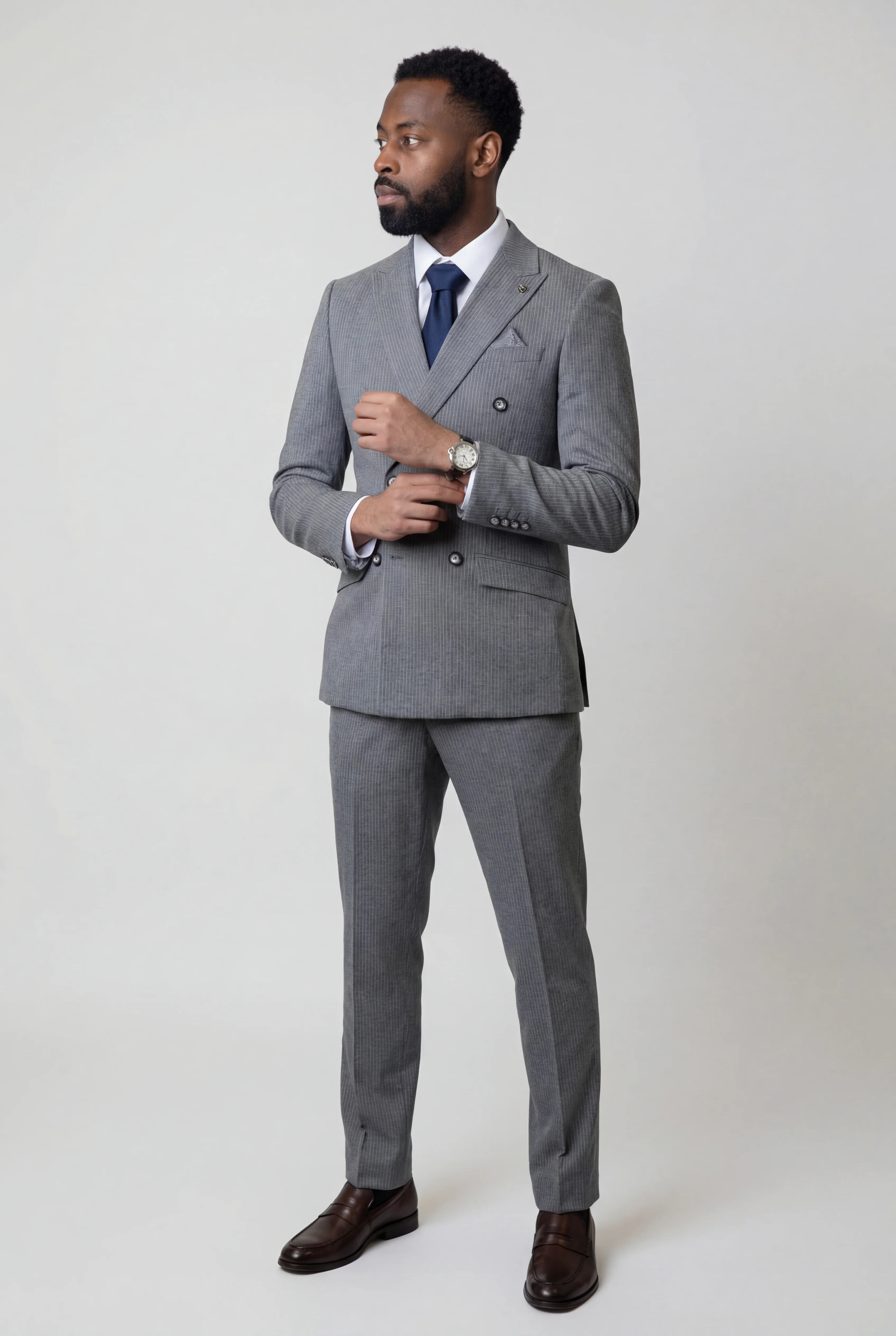 Men's Double Breasted Pinstripe Suit - JAYCE Grey - Image 2