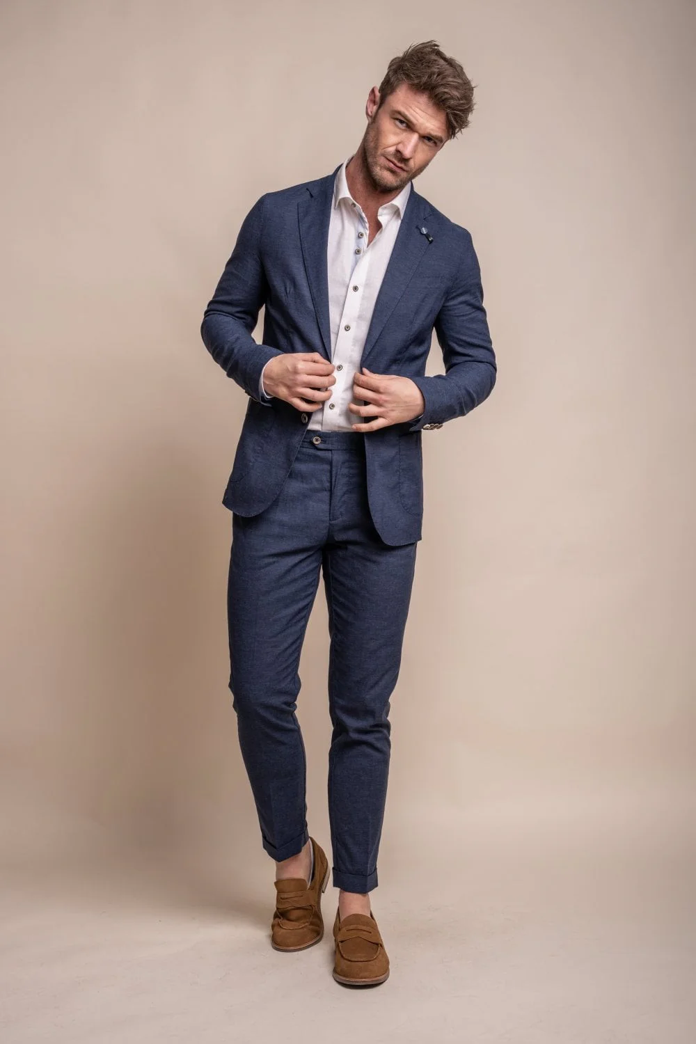 Men's Slim Fit Linen Jacket & Trousers Suit Set - ALVARI - Navy - Image 2
