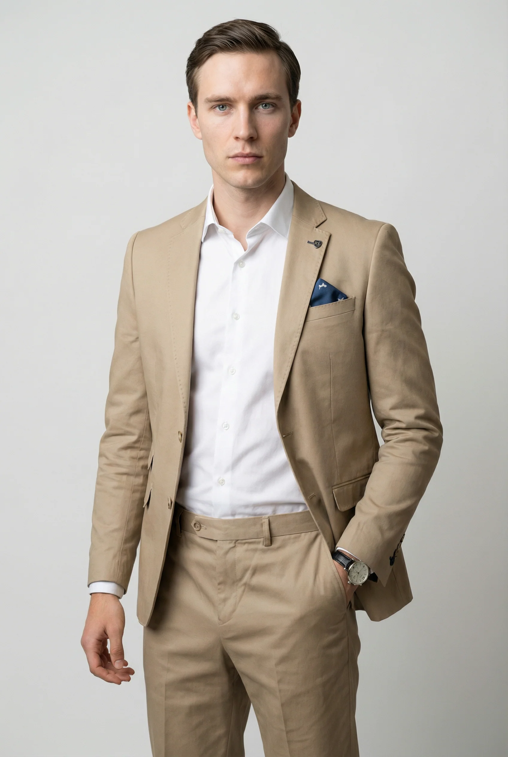 Men's Cotton Slim Fit Beige Suit - KINGSTON - Beige