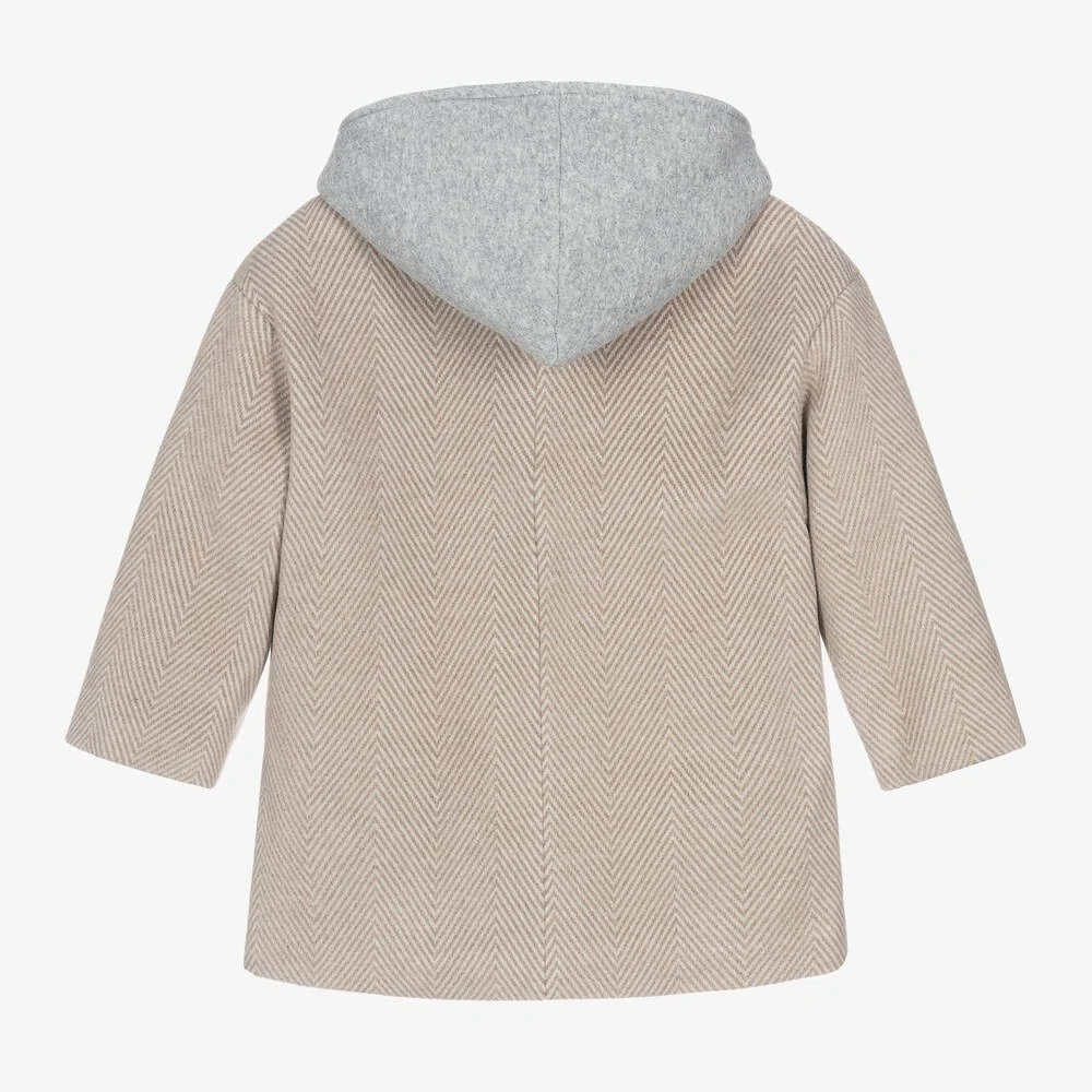 Boys Beige Hooded Herringbone Coat with Jersey Insert - Beige - Image 4