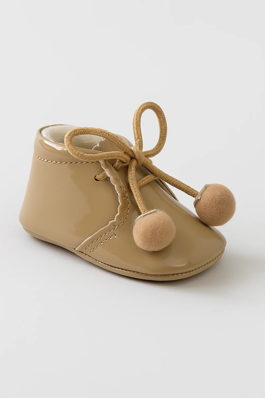 Unisex Baby Patent Pom Pom Booties Pram Shoes - Joe - Camel