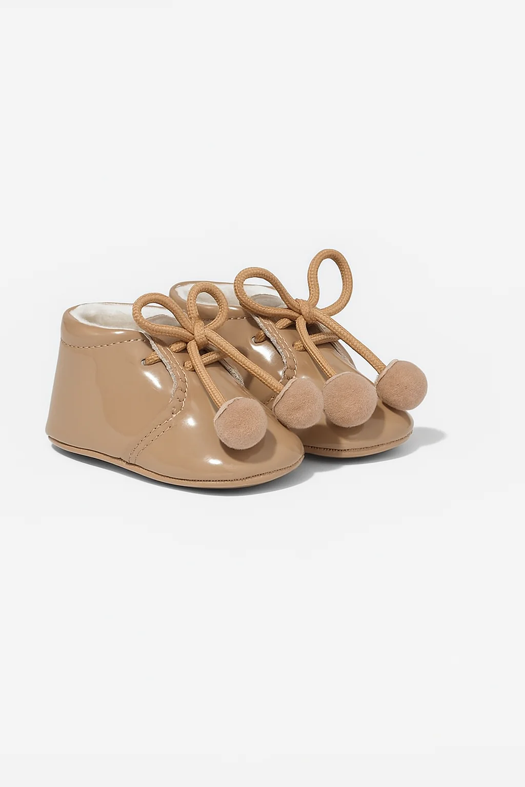 Unisex Baby Patent Pom Pom Booties Pram Shoes - Joe - Camel - Image 3