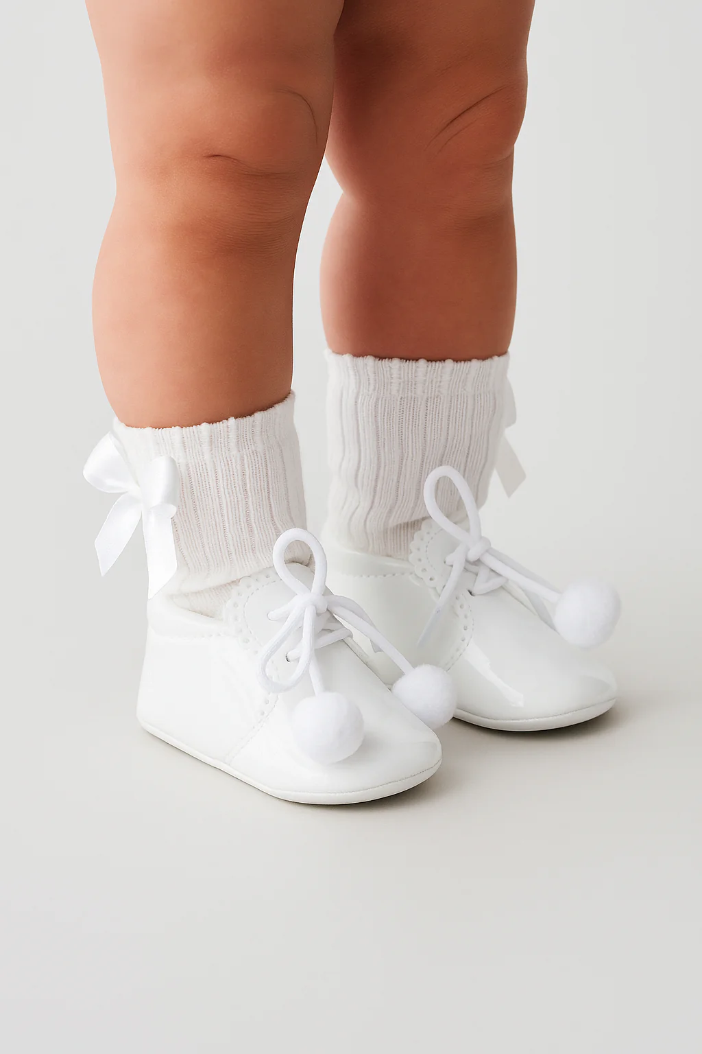Unisex Baby Patent Pom Pom Booties Pram Shoes - Joe - White - Image 4