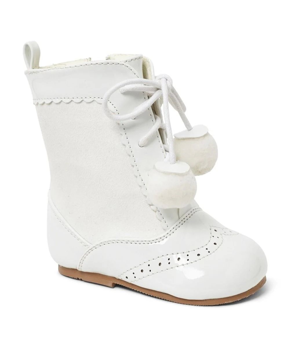 Kids Patent Leather Brogue Unisex Lace-up Boots - SIENNA - White