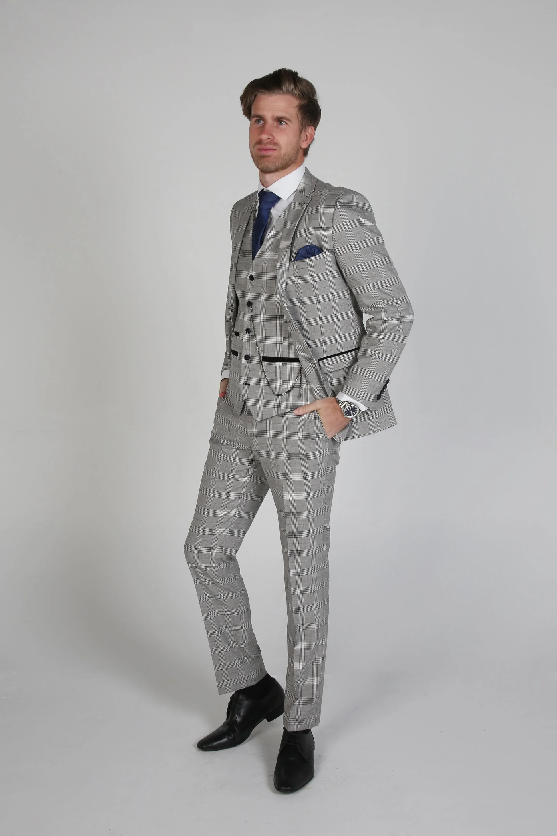 Men's Windowpane Tweed Check Formal Suit - HUGO - Grey - Image 3